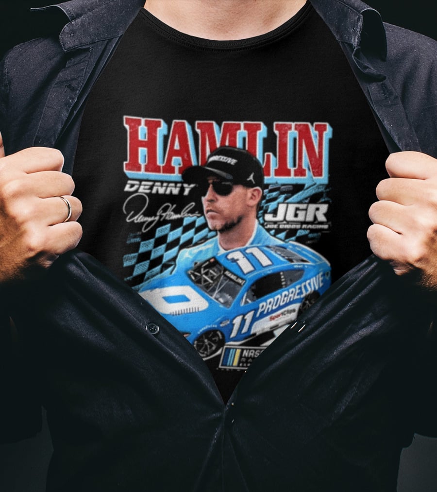 Denny Hamlin Joe Gibbs Racing NASCAR Progressive 11 Racer With Signature And Sunglasses T-Shirt