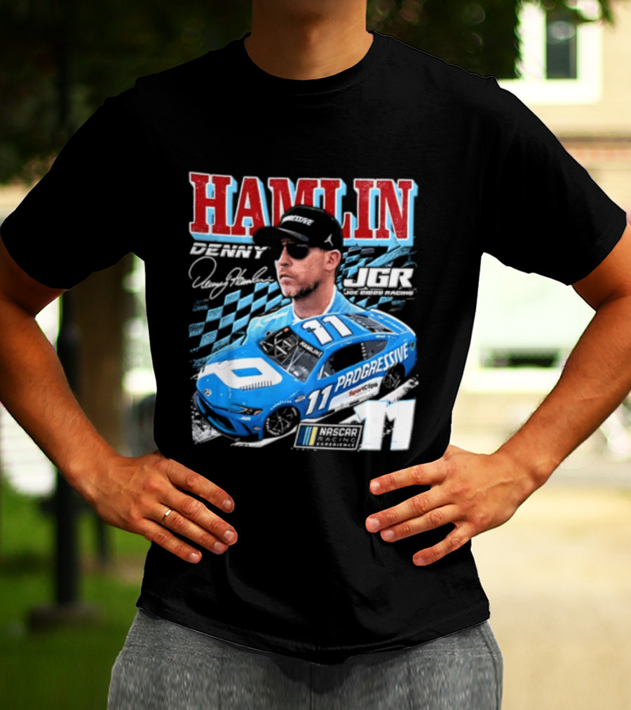 Denny Hamlin Joe Gibbs Racing NASCAR Progressive 11 Racer With Signature And Sunglasses T-Shirt