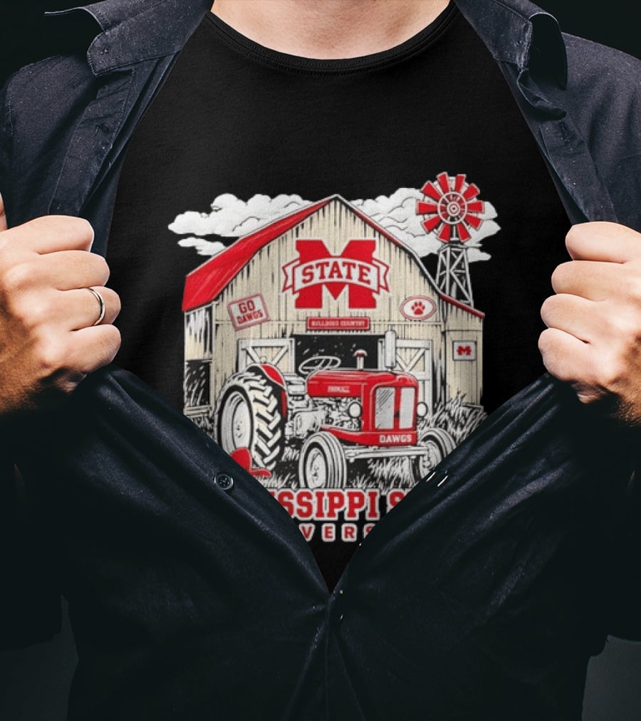 Mississippi State University Bulldogs Country Farmall Tractor Barn With Go Dawgs And Windmill T-Shirt