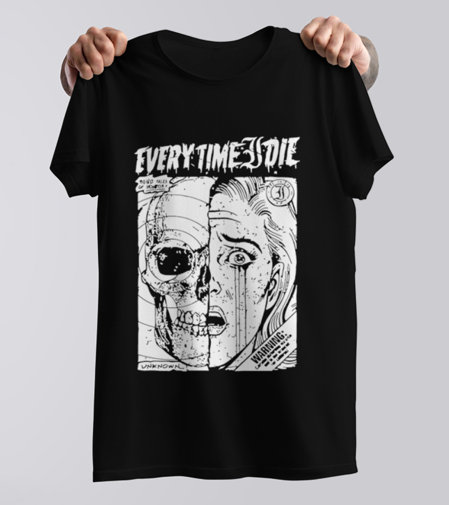 Every Time I Die Weird Tales Horror Warning Skull Face Half Human T-Shirt
