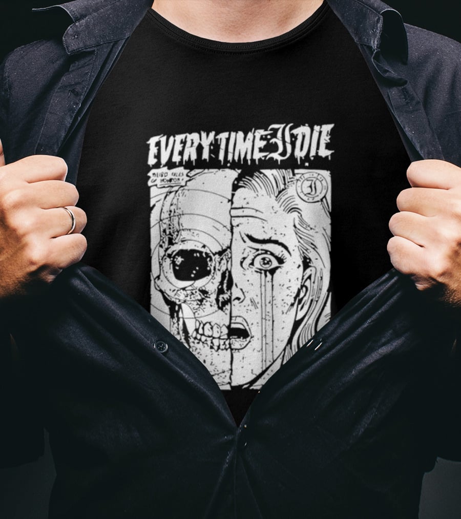 Every Time I Die Weird Tales Horror Warning Skull Face Half Human T-Shirt