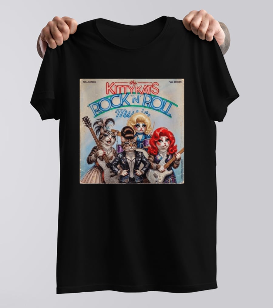 The Kitty Kats Rock 'N' Roll Music Full Screen Vintage Cats With Guitars T-Shirt