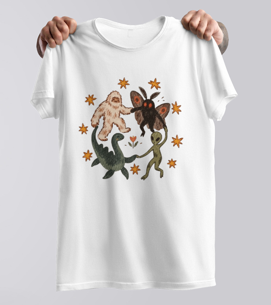 Bigfoot Mothman Loch Ness Monster Alien Dancing Cryptids With Stars T-Shirt