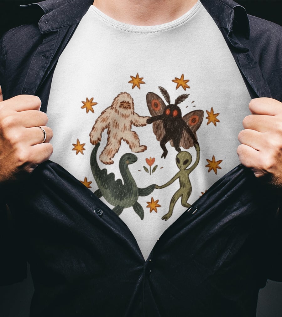 Bigfoot Mothman Loch Ness Monster Alien Dancing Cryptids With Stars T-Shirt
