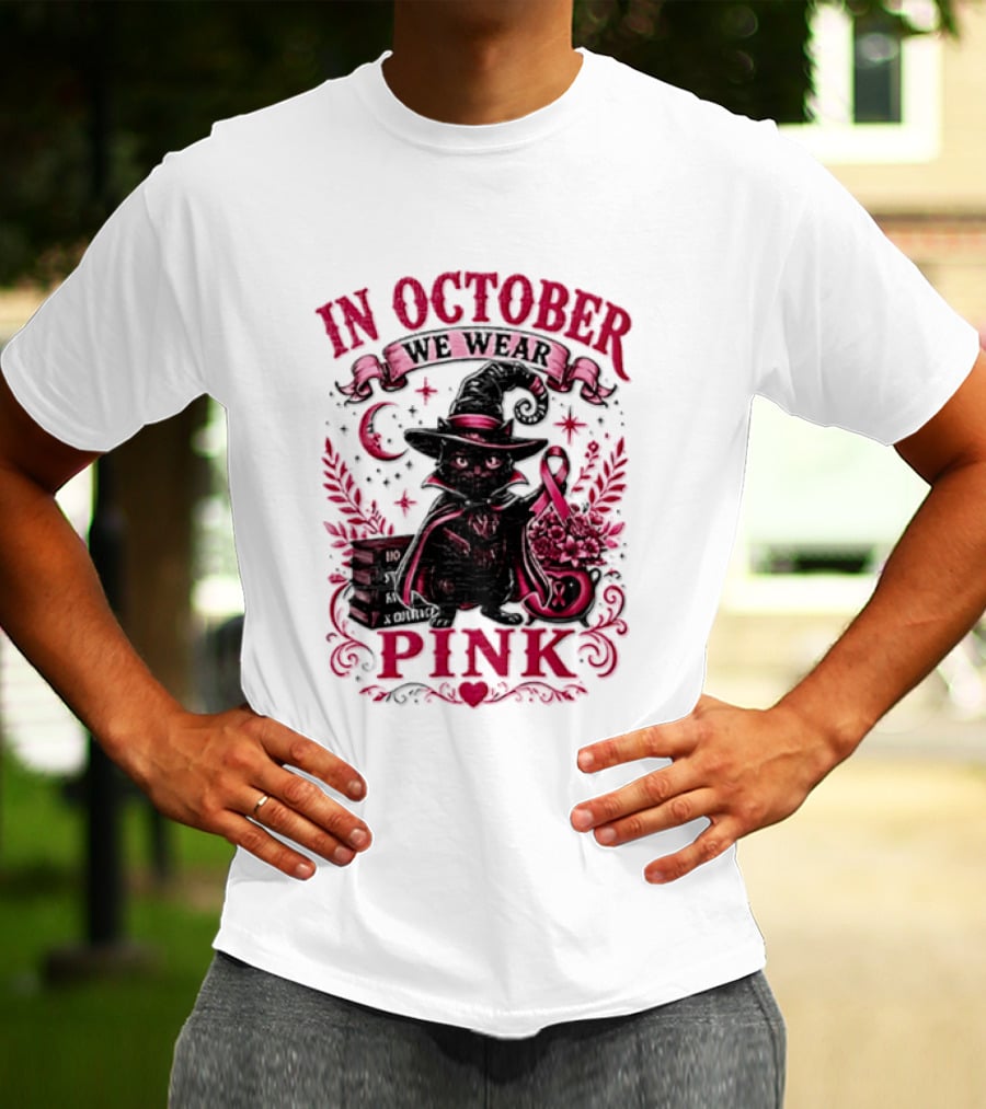 In October We Wear Pink Black Cat Witch Breast Cancer Awareness Month T-Shirt
