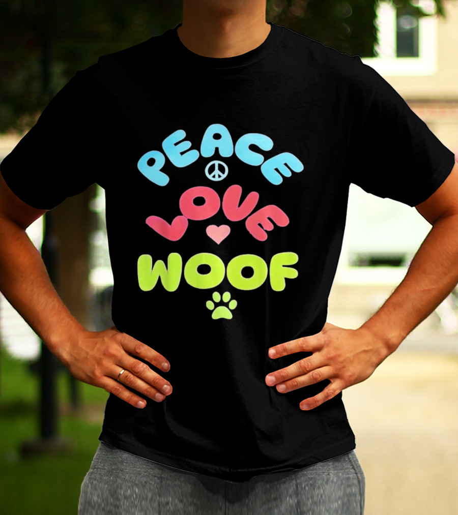 Peace Love Woof Paw Dog Lover Peace Sign Heart T-Shirt