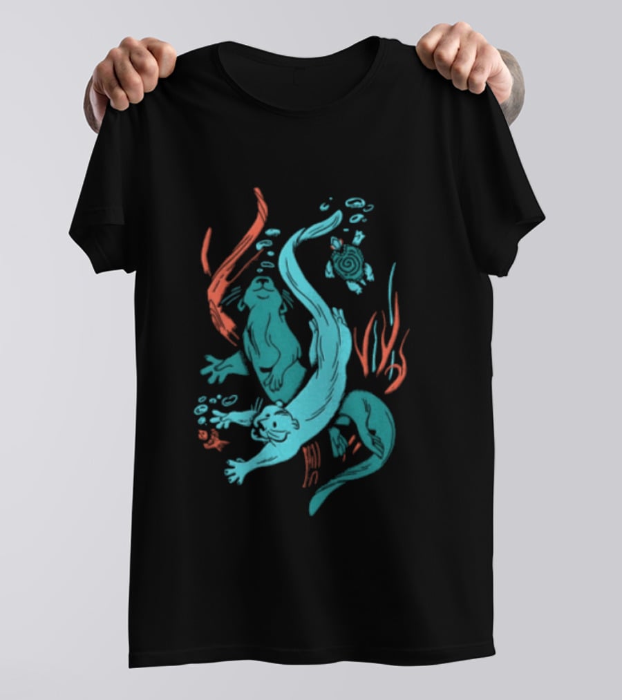 Two Otters Swimming Underwater With Turtle And Seaweed T-Shirt
