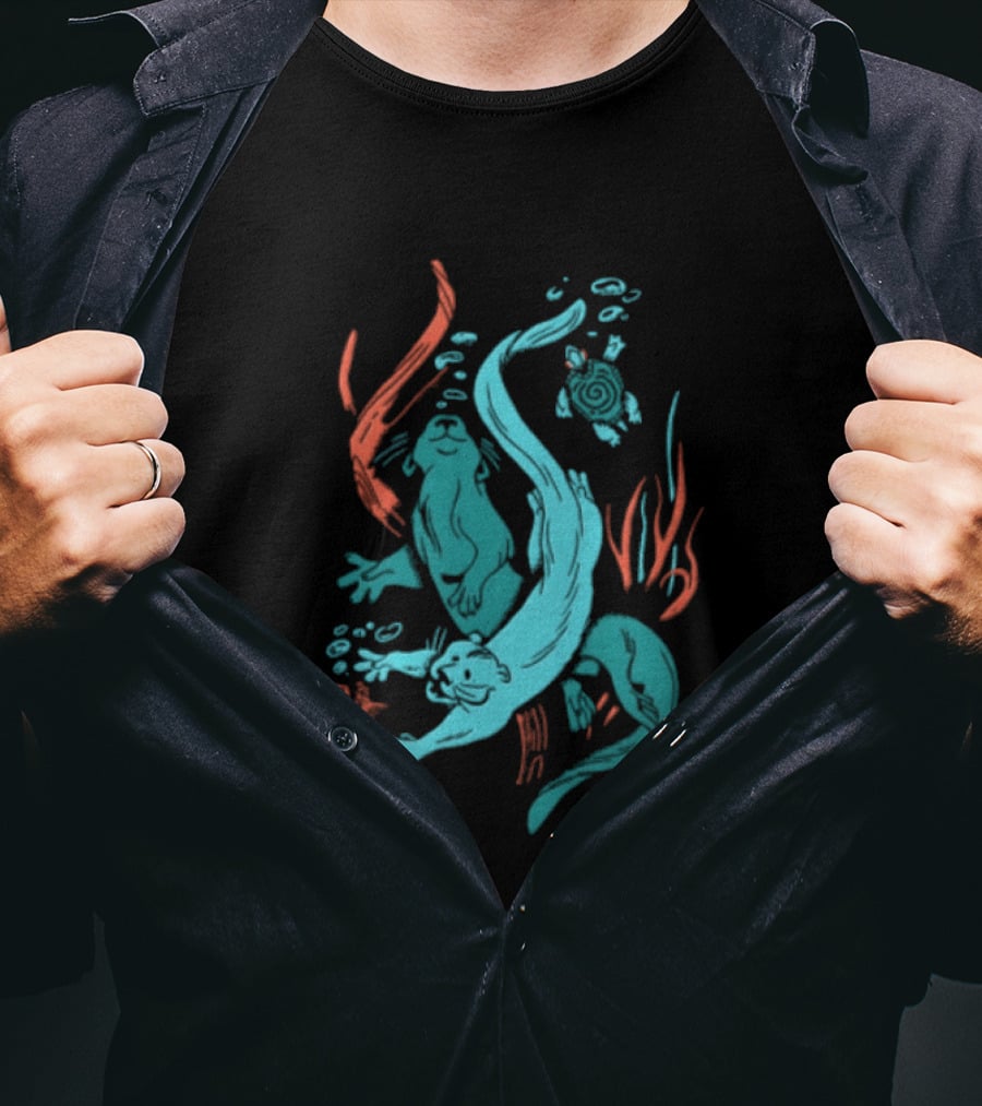 Two Otters Swimming Underwater With Turtle And Seaweed T-Shirt