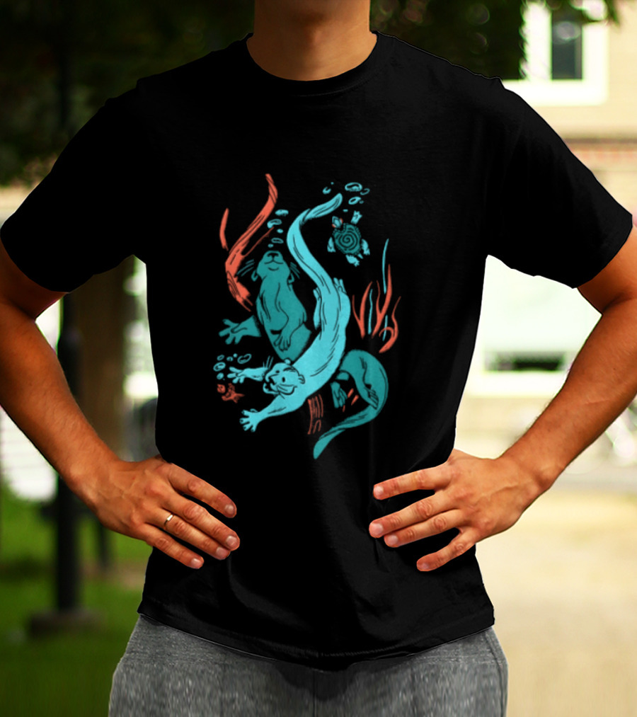 Two Otters Swimming Underwater With Turtle And Seaweed T-Shirt