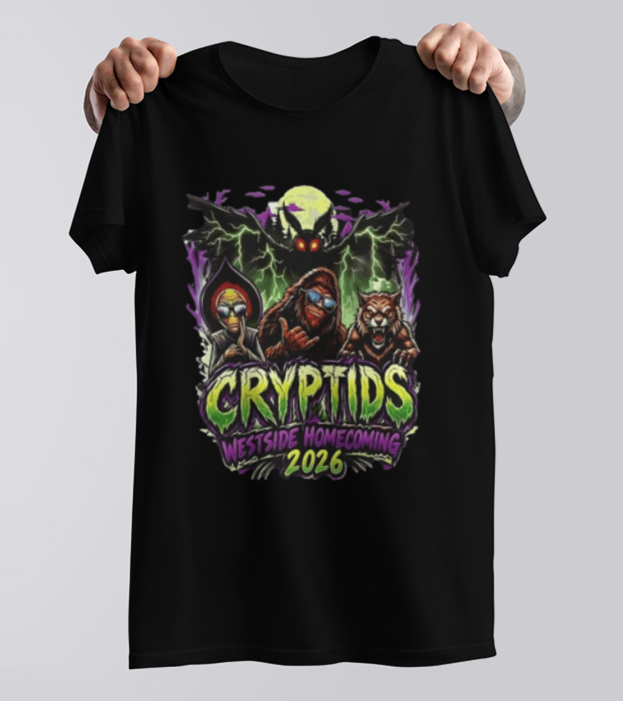 Cryptids Alien Bigfoot Werewolf Mothman Westside Homecoming 2026 Moon Lightning T-Shirt