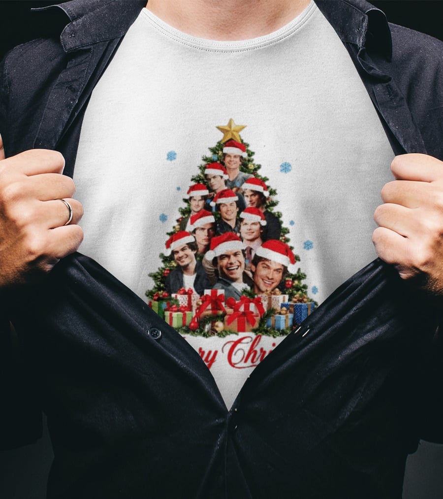 Merry Christmas All I Want For Christmas Is Damon Salvatore Santa Hat Christmas Tree T-Shirt