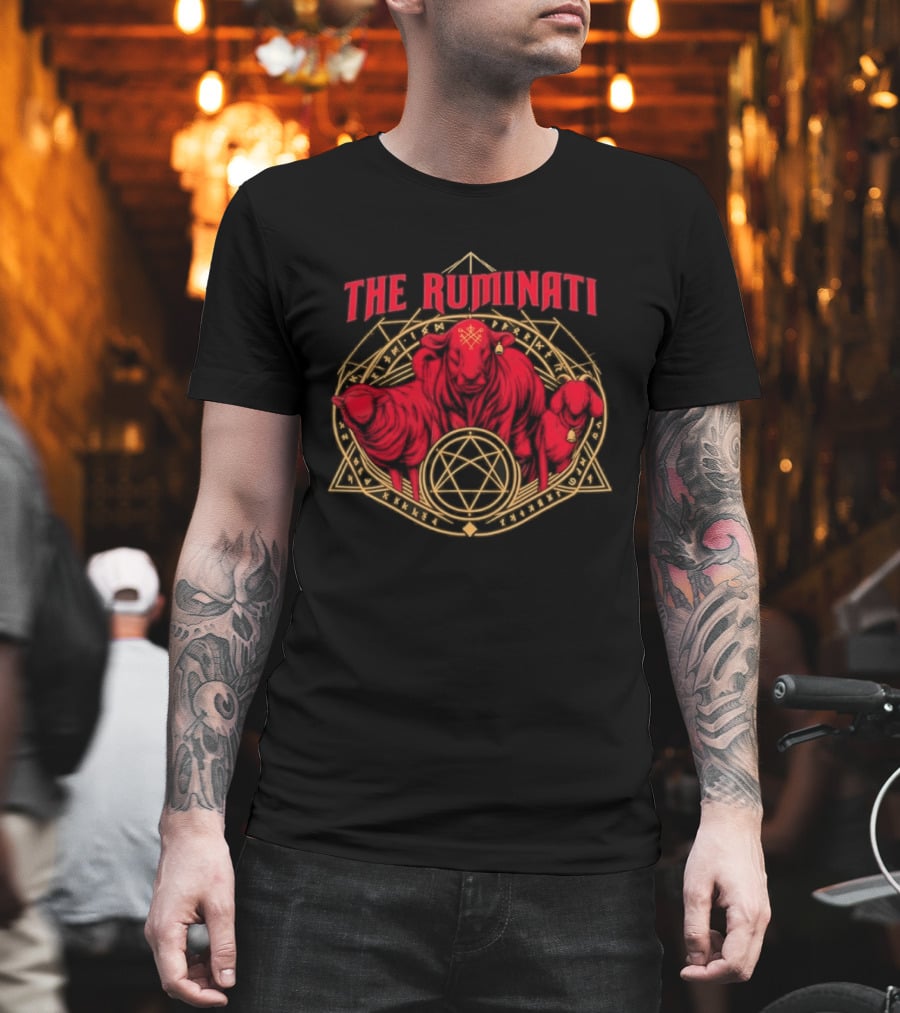 The Ruminati Occult Goat And Bull Pentagram Triangular Rune Symbolism T-Shirt