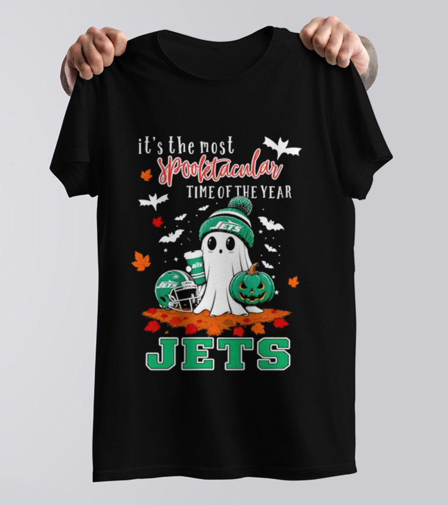 New York Jets Halloween Spooktacular Time Of The Year Football Ghost And Pumpkin T-Shirt