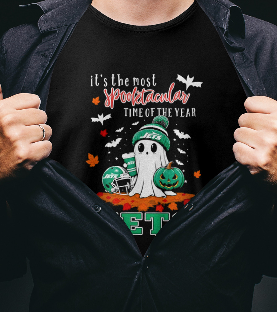 New York Jets Halloween Spooktacular Time Of The Year Football Ghost And Pumpkin T-Shirt