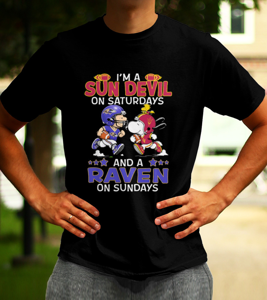 I'm A Sun Devil On Saturdays And A Raven On Sundays Snoopy And Charlie Brown Football T-Shirt