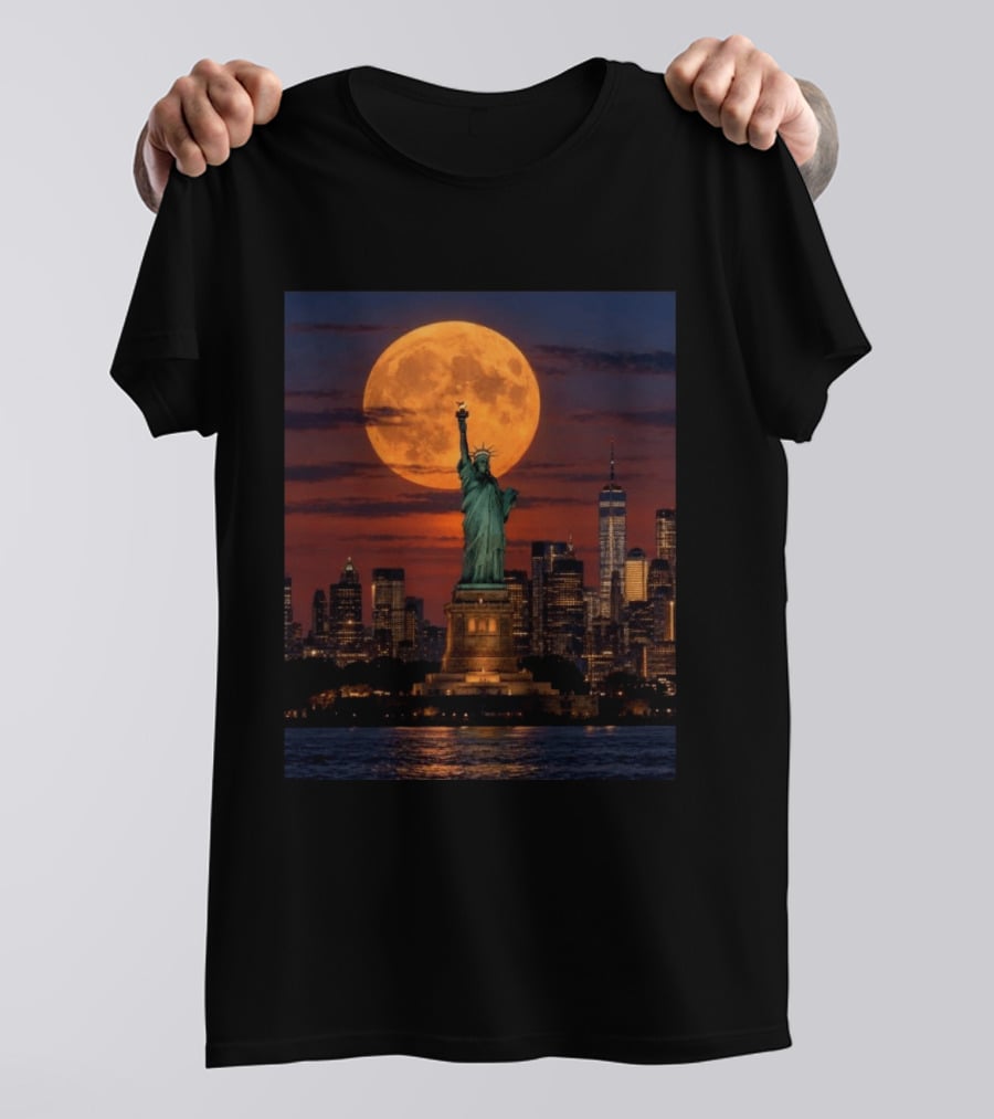 Harvest Moon Over Lady Liberty New York City Skyline September 26 T-Shirt