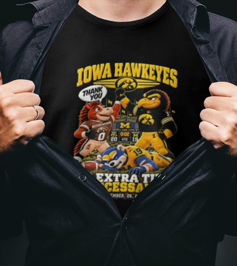 Iowa Hawkeyes Versus Western Michigan And Michigan State Mascots No Extra Time Necessary September 26 2026 T-Shirt