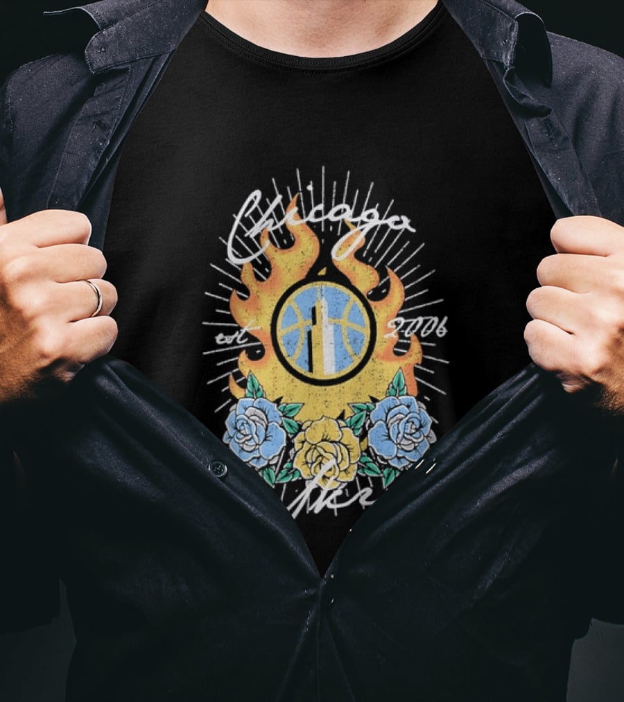 Chicago Sky Est 2006 WNBA Distressed Floral Basketball Flame T-Shirt