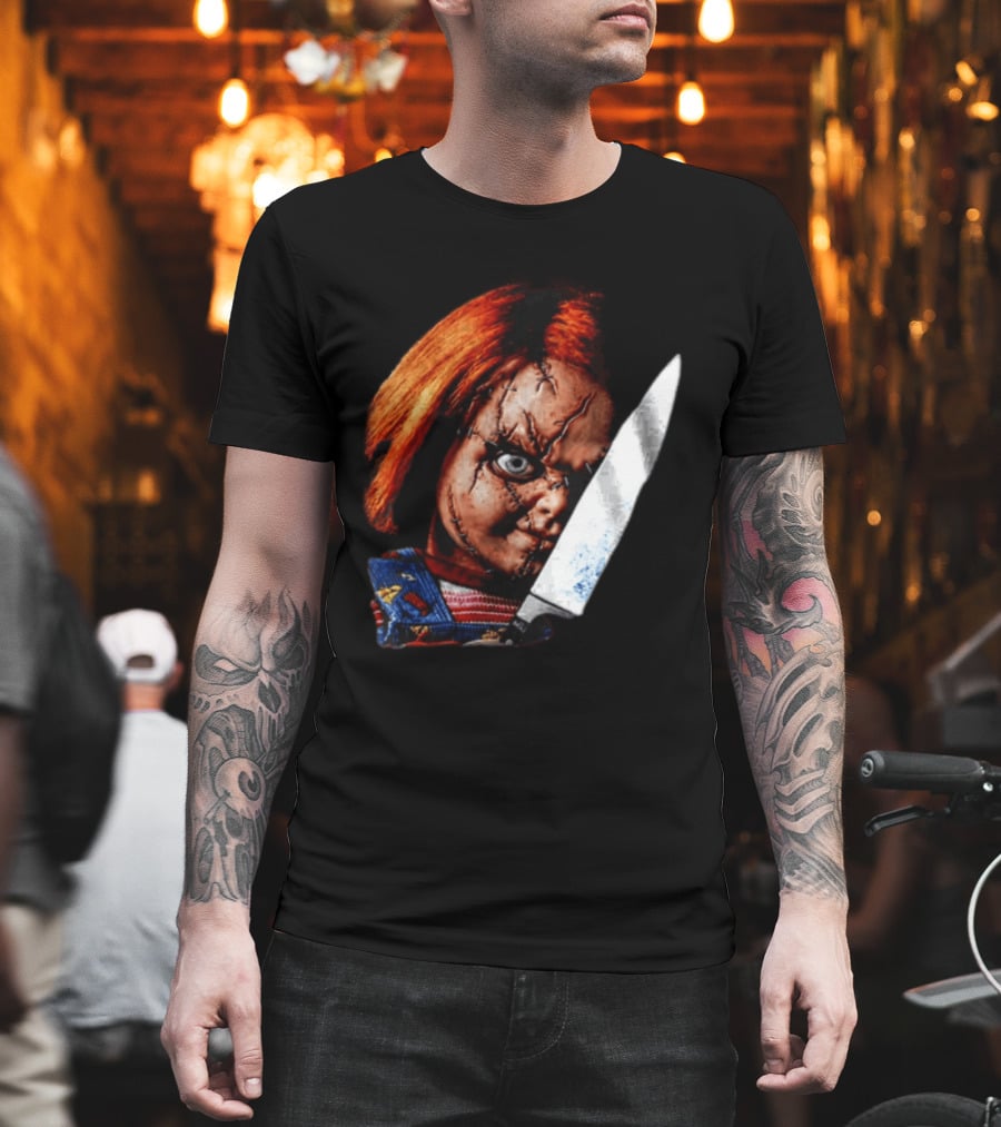 Chucky Child's Play Stitched Doll Knife Horror Movie Character 2 Sided T-Shirt