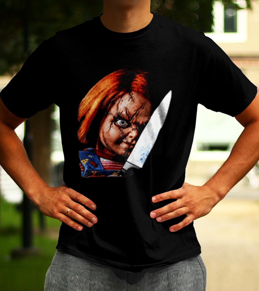 Chucky Child's Play Stitched Doll Knife Horror Movie Character 2 Sided T-Shirt