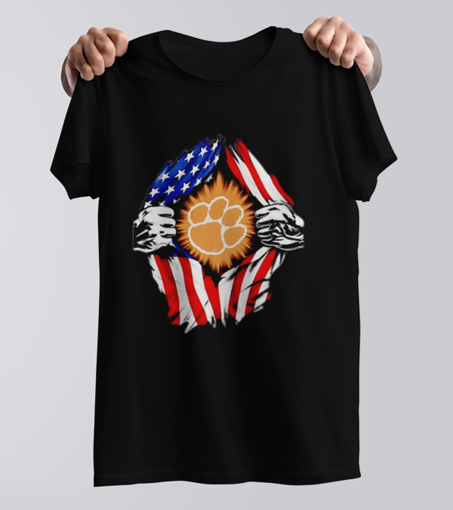 Clemson Tigers Paw Print Ripped American Flag T-Shirt