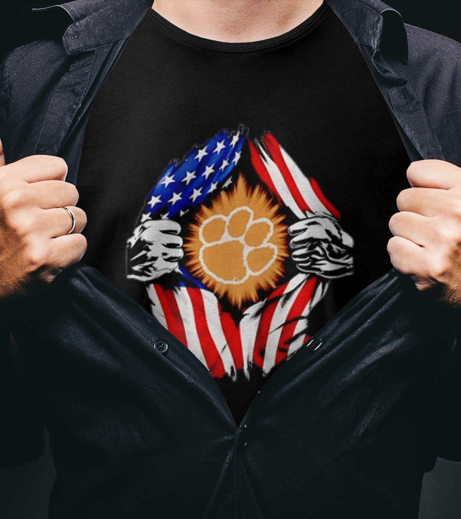 Clemson Tigers Paw Print Ripped American Flag T-Shirt