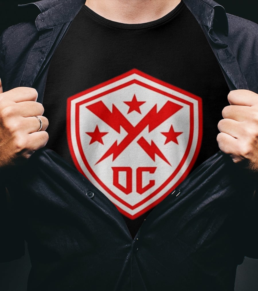 DC Shield Lightning Bolts Stars Emblem Red White T-Shirt