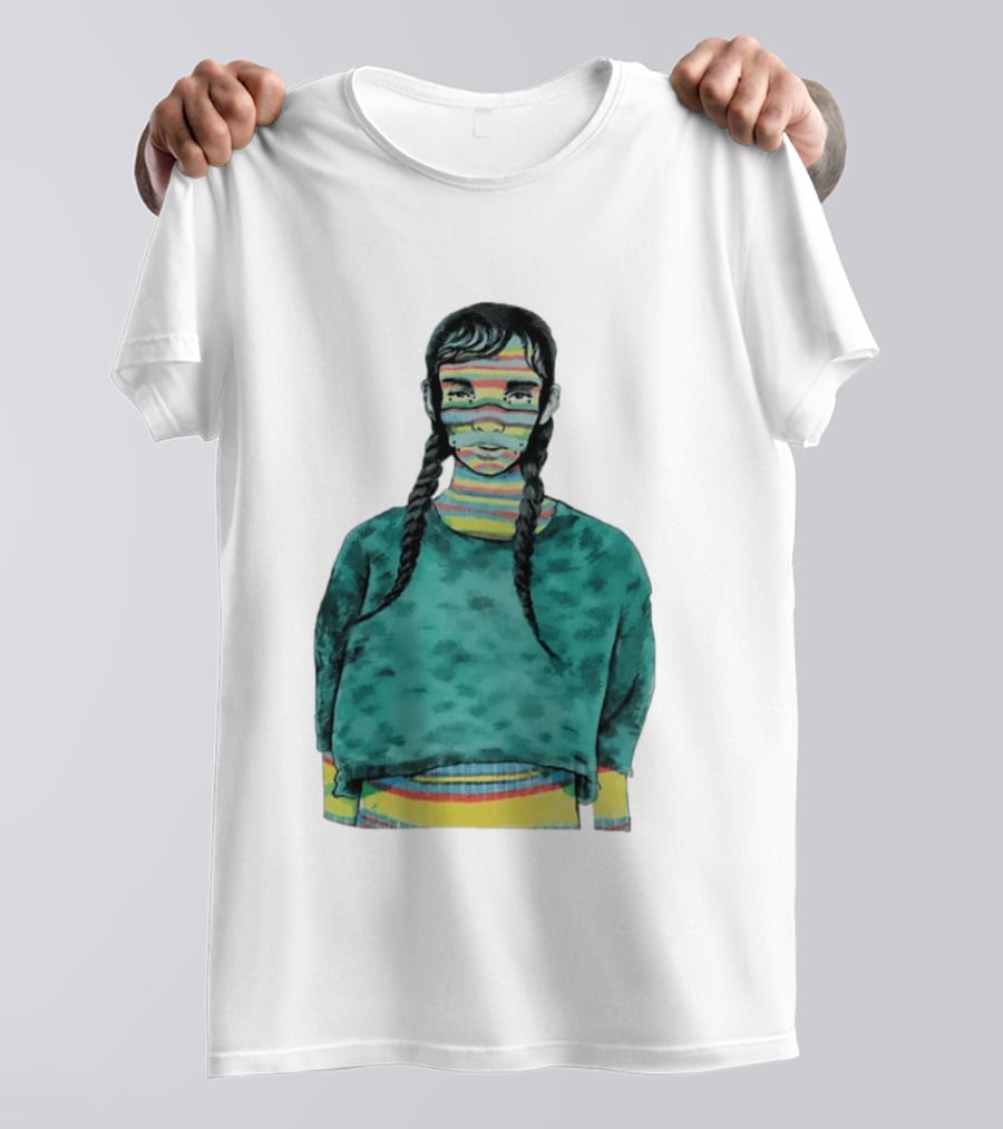 Girl With Braids Colorful Striped Face And Green Sweater T-Shirt