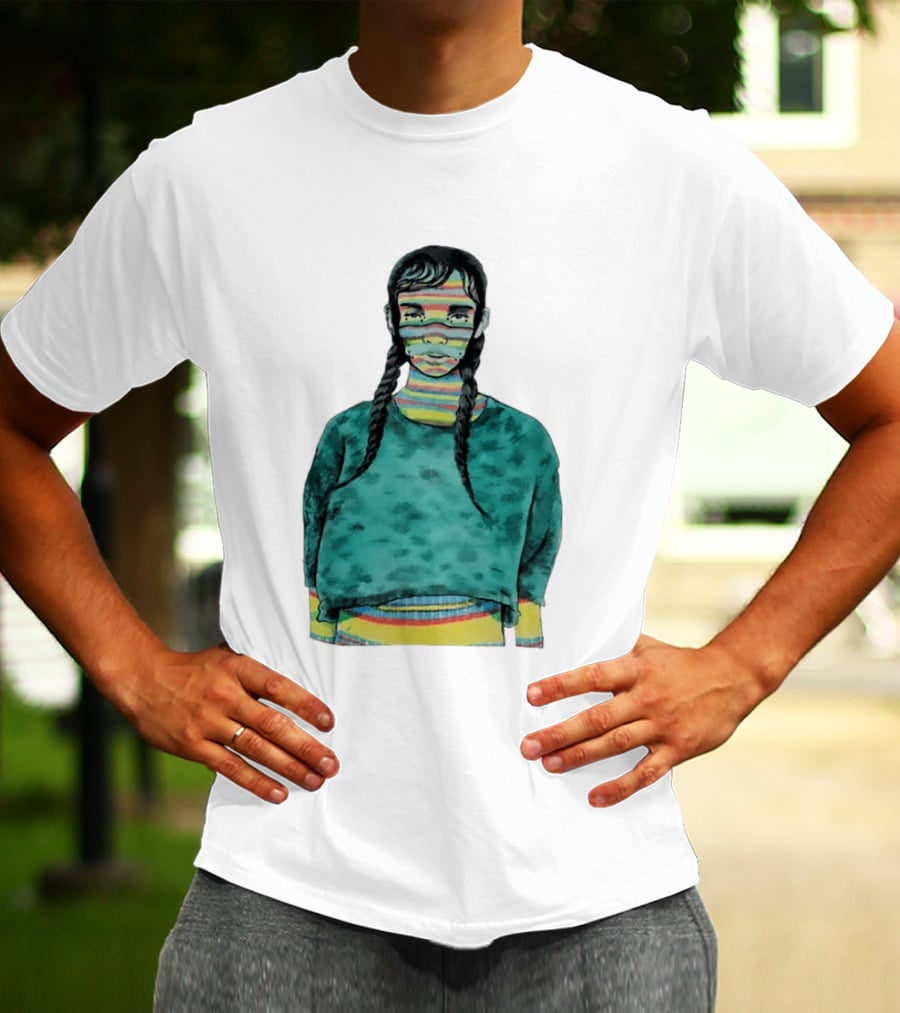 Girl With Braids Colorful Striped Face And Green Sweater T-Shirt