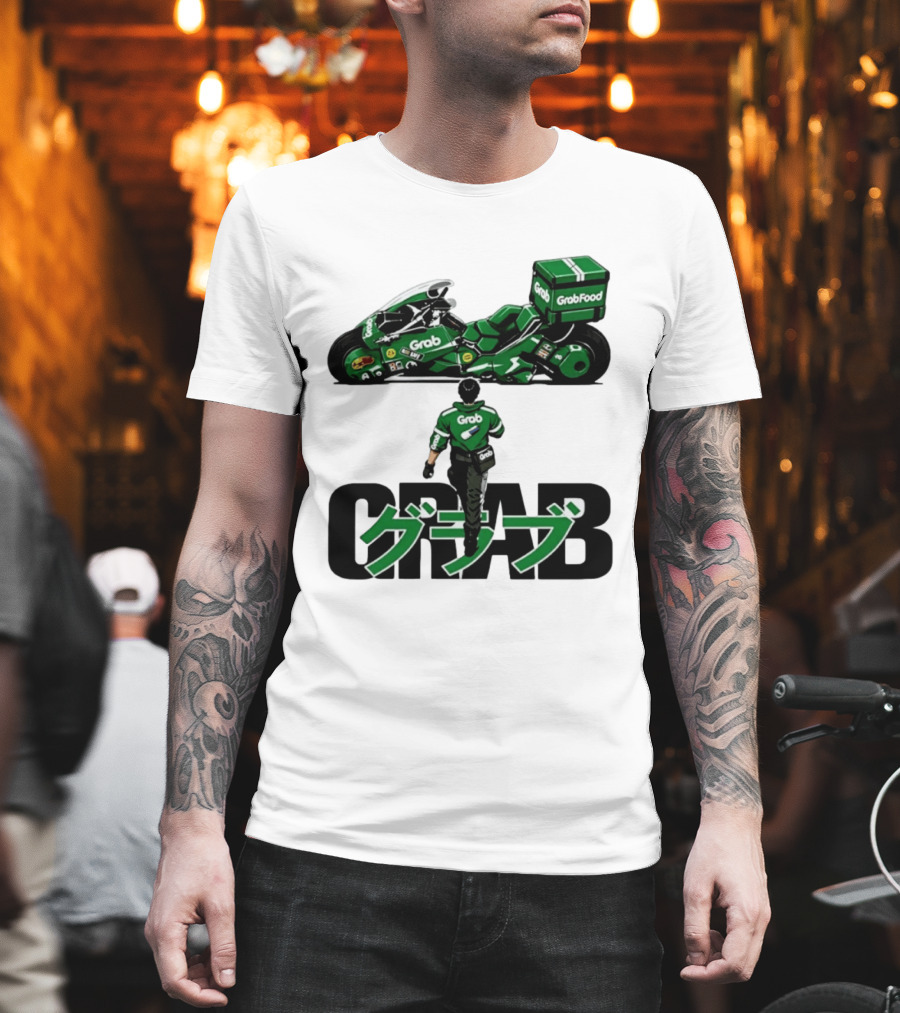 GrabFood Rider Akira Tribute Motorcycle Graphic Kanji T-Shirt