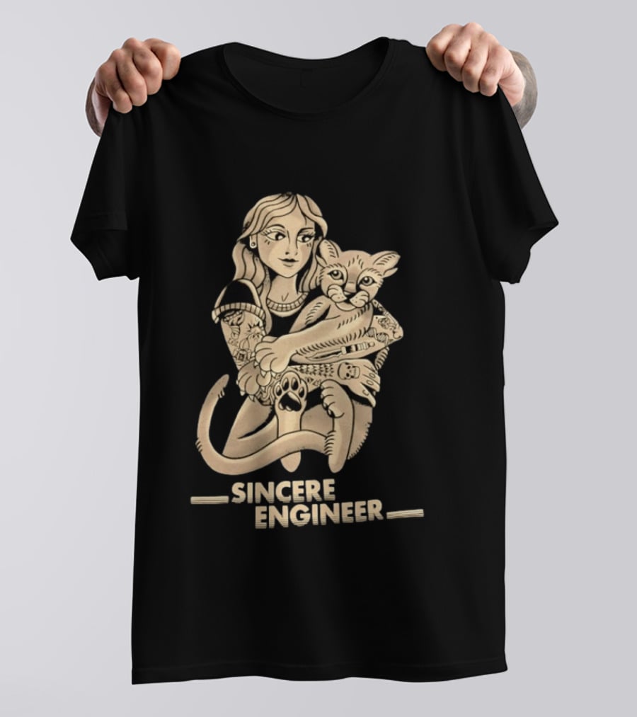 Tattooed Woman Hugging Cat Sincere Engineer T-Shirt