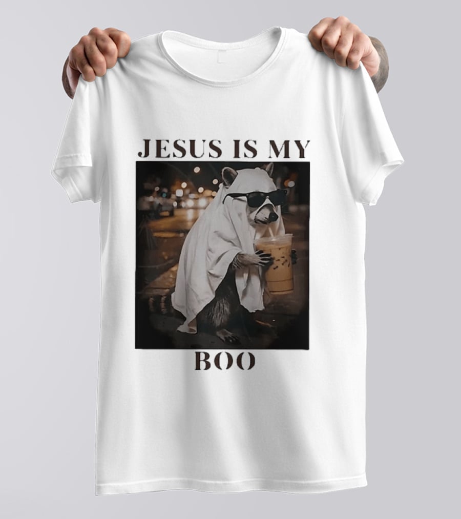 Jesus Is My Boo Raccoon With Iced Coffee And Sunglasses T-Shirt