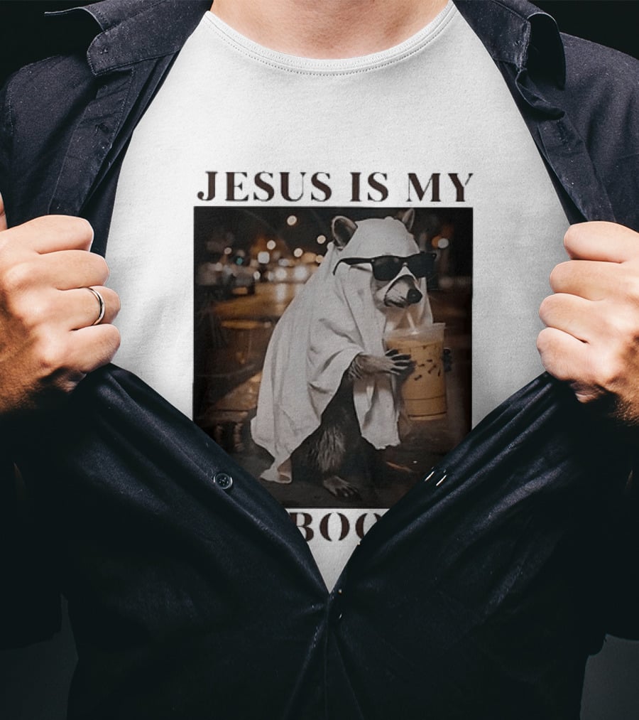 Jesus Is My Boo Raccoon With Iced Coffee And Sunglasses T-Shirt