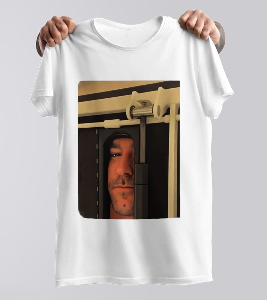Man Peeking Through Door Face Hidden Observation Doorway T-Shirt