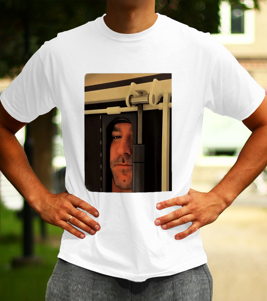 Man Peeking Through Door Face Hidden Observation Doorway T-Shirt