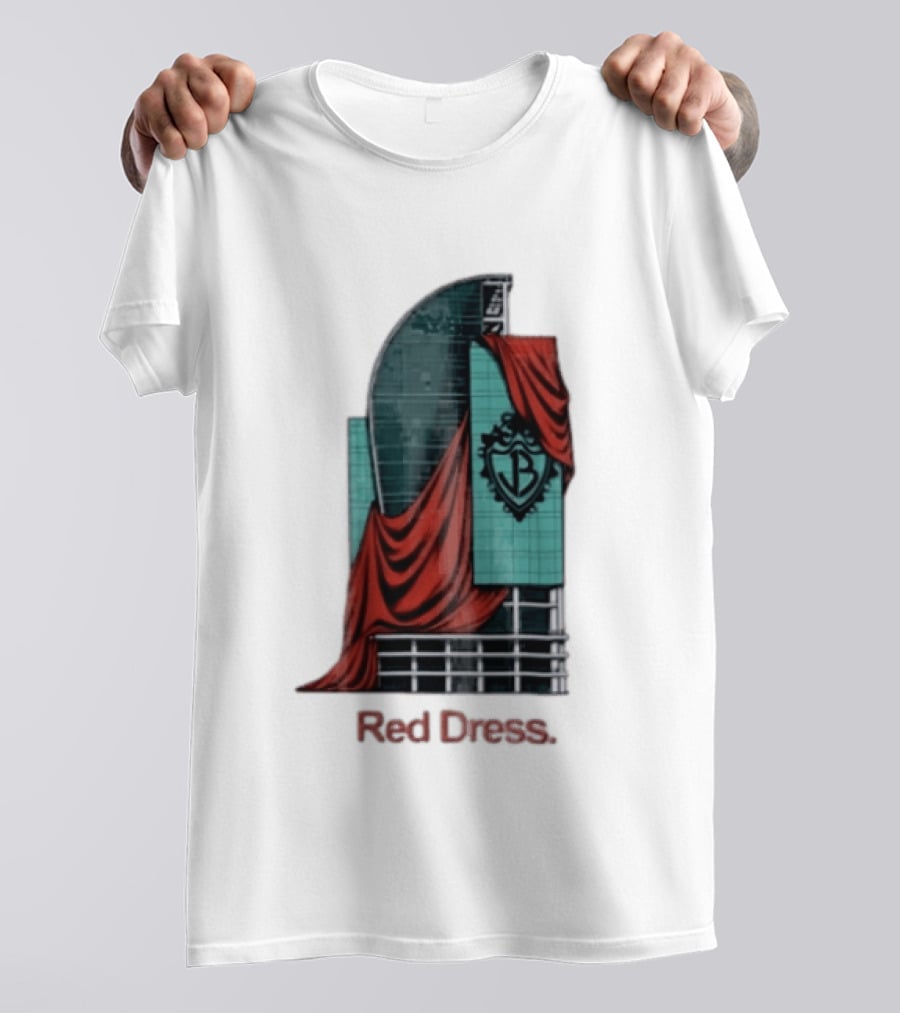Red Dress Red Drapes Over Modern Skyscraper With Shield T-Shirt