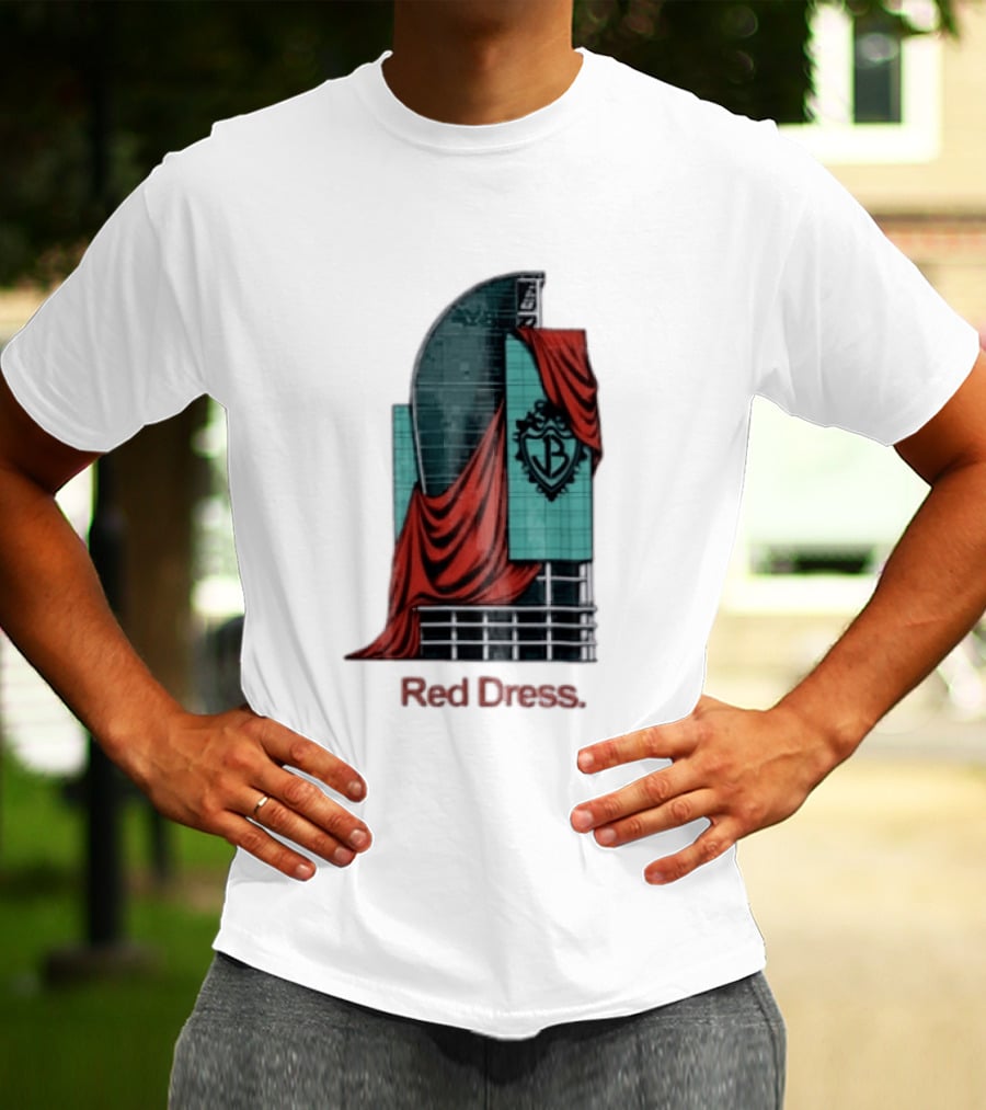 Red Dress Red Drapes Over Modern Skyscraper With Shield T-Shirt