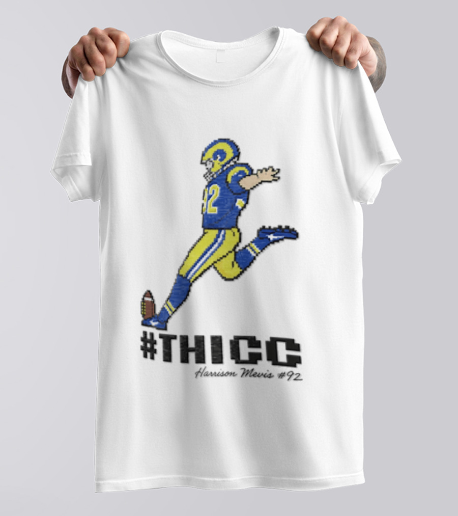 #THICC Harrison Mevis 92 Pixel Football Player In Blue And Yellow Uniform T-Shirt