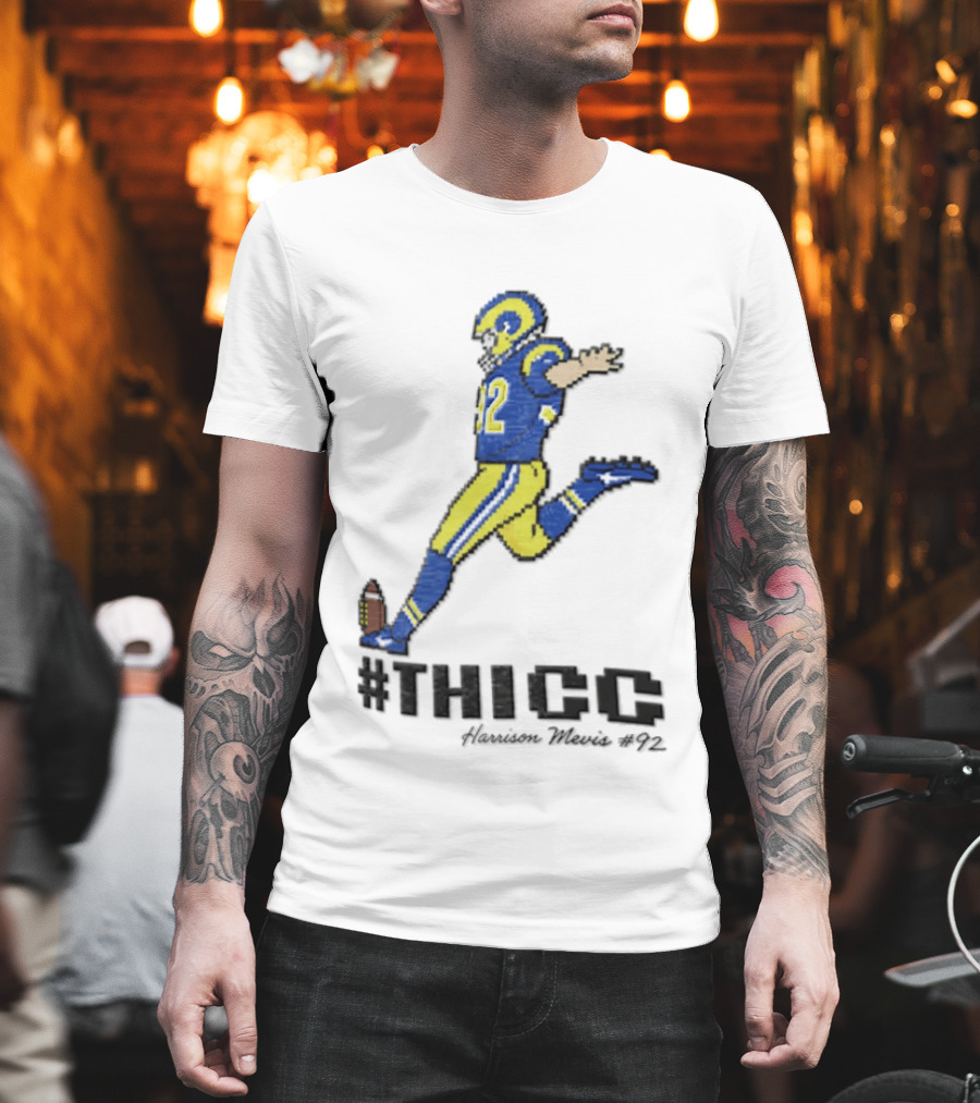 #THICC Harrison Mevis 92 Pixel Football Player In Blue And Yellow Uniform T-Shirt
