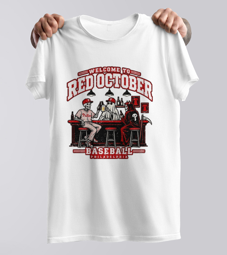 Welcome To Red October Baseball Philadelphia Halloween Skeletons And Ghost At Bar T-Shirt