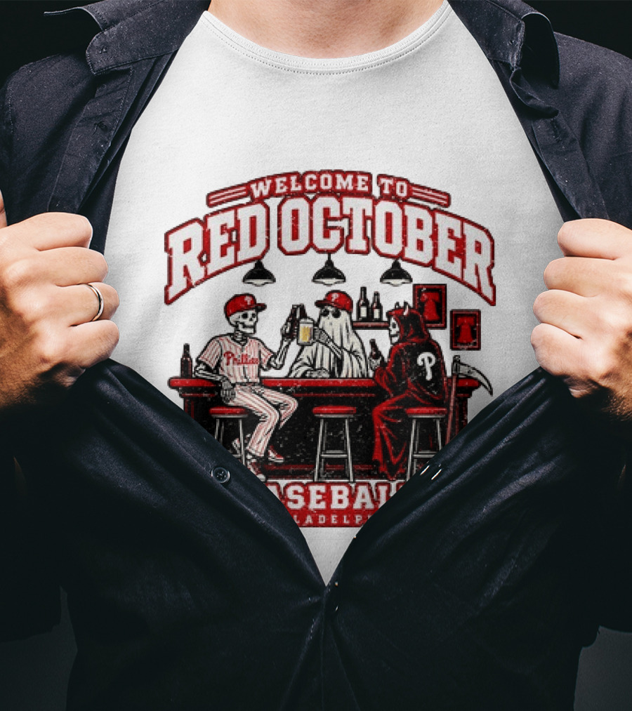 Welcome To Red October Baseball Philadelphia Halloween Skeletons And Ghost At Bar T-Shirt