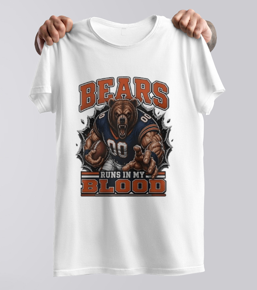 Bears Runs In My Blood Football Fierce Bear Holding Ball T-Shirt