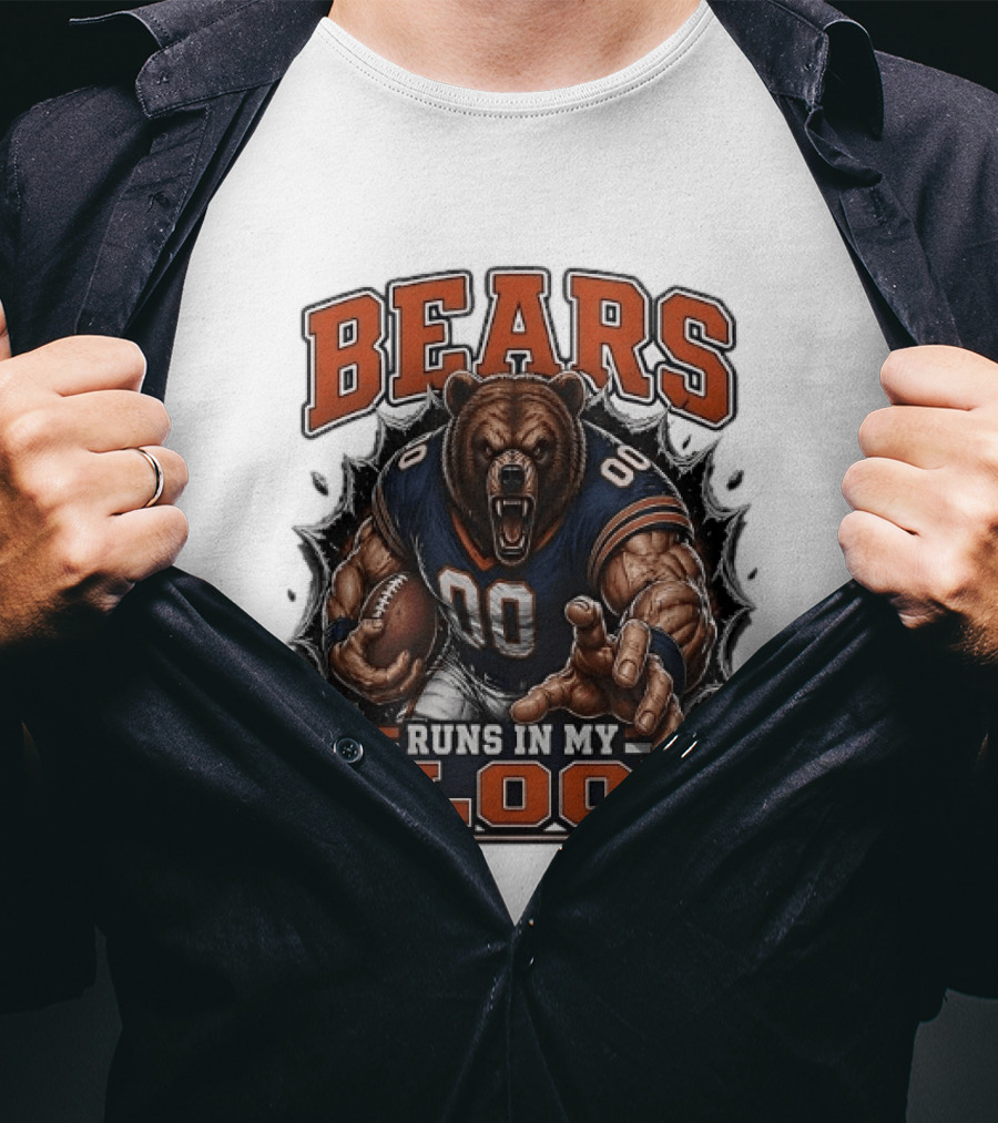 Bears Runs In My Blood Football Fierce Bear Holding Ball T-Shirt