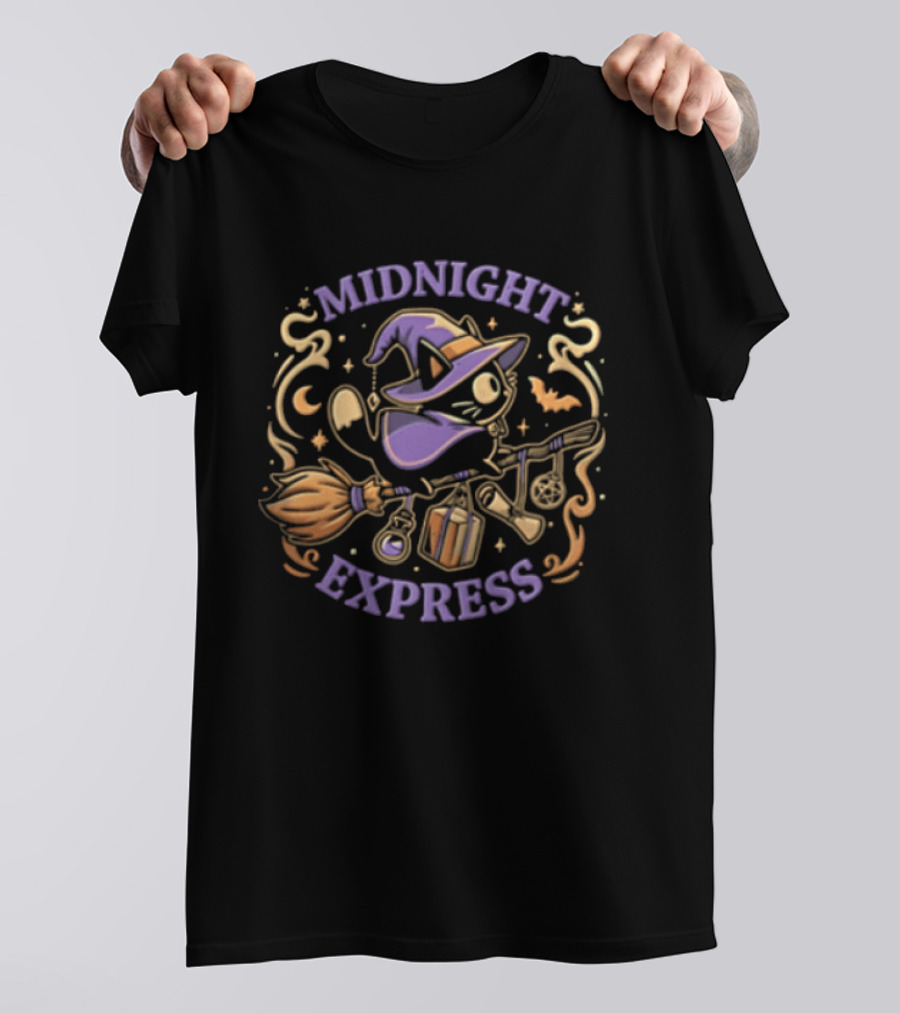 Midnight Express Cat Witch Flying On Broomstick With Potions And Bat T-Shirt