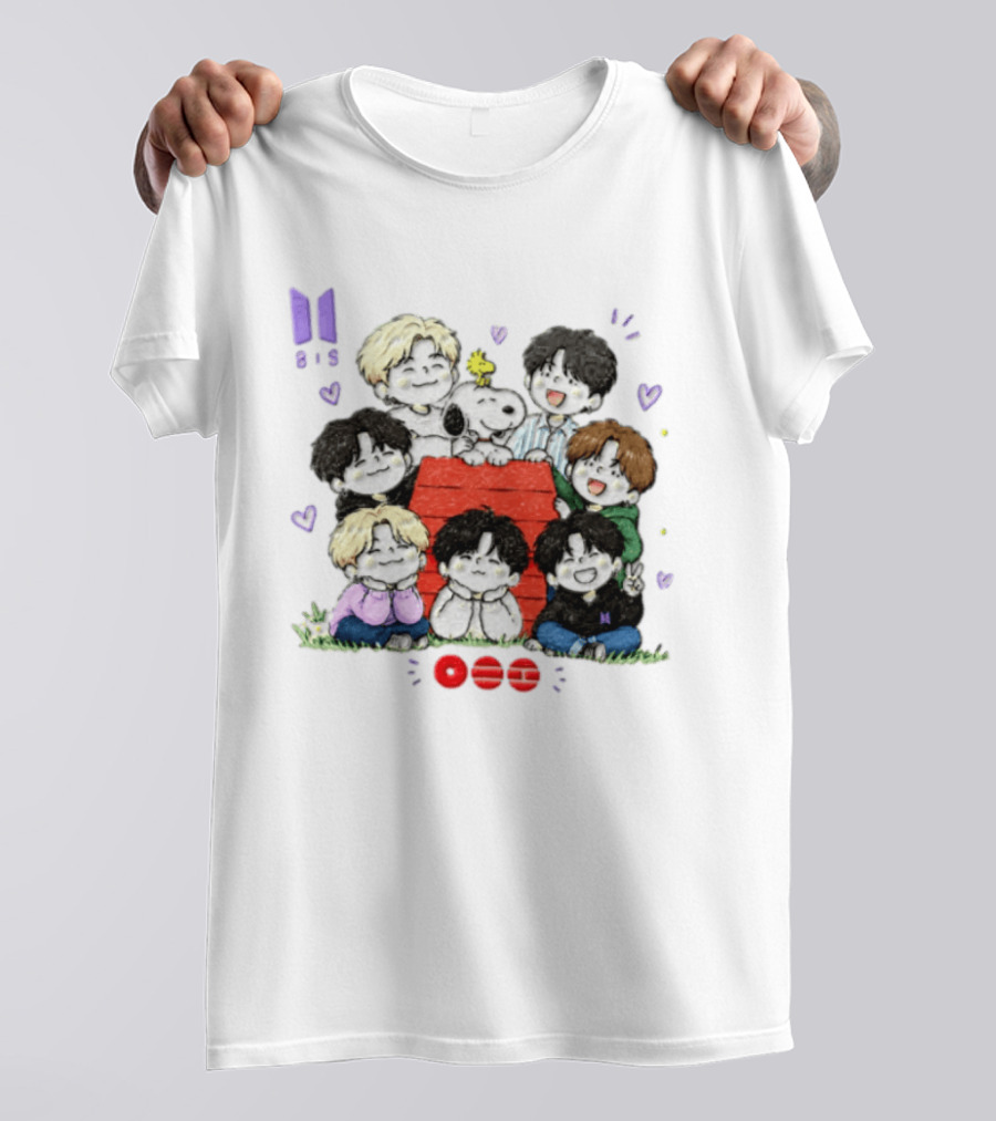 Snoopy Woodstock Peanuts BTS Members Cartoon Illustration Collaboration T-Shirt