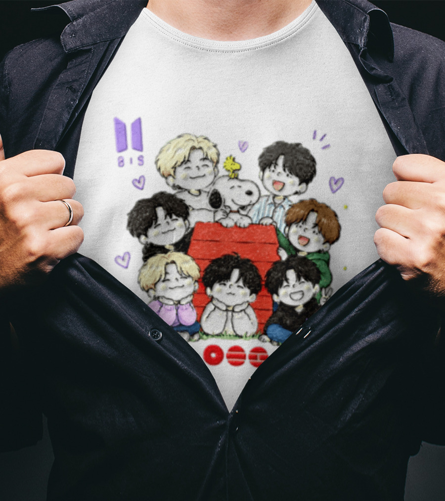 Snoopy Woodstock Peanuts BTS Members Cartoon Illustration Collaboration T-Shirt