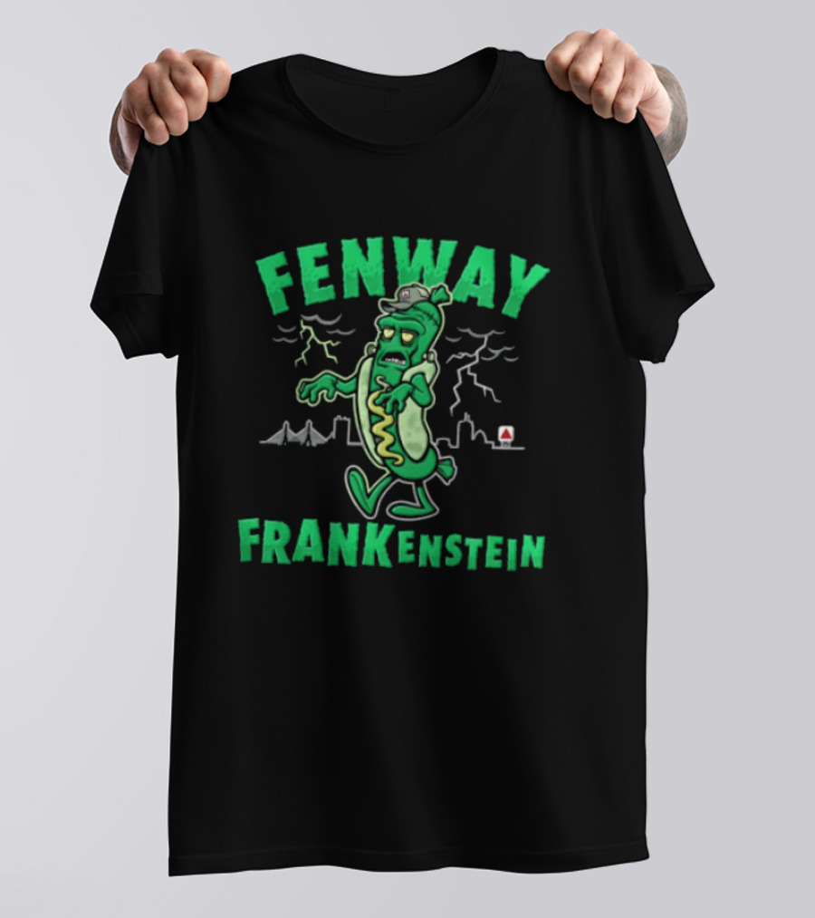 Fenway Frankenstein Halloween Zombie Monster With Lightning And Spooky Skyline T-Shirt