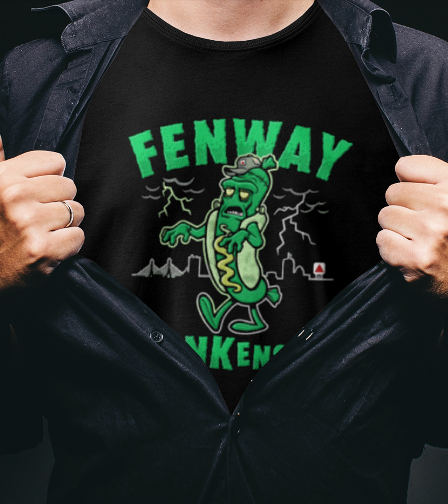 Fenway Frankenstein Halloween Zombie Monster With Lightning And Spooky Skyline T-Shirt