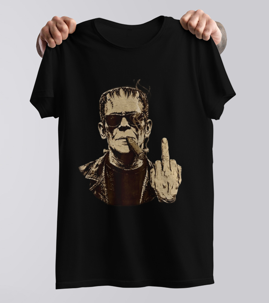 Frankenstein Cigar Middle Finger Smoking Horror Halloween T-Shirt