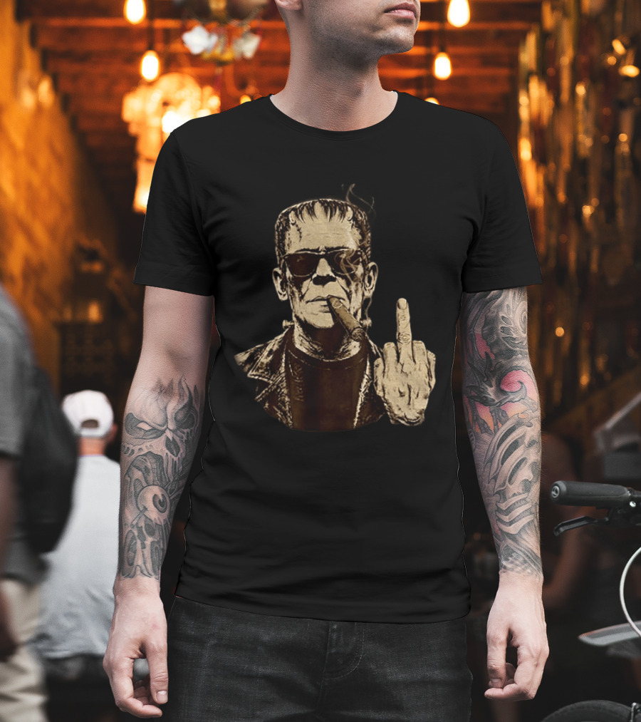 Frankenstein Cigar Middle Finger Smoking Horror Halloween T-Shirt
